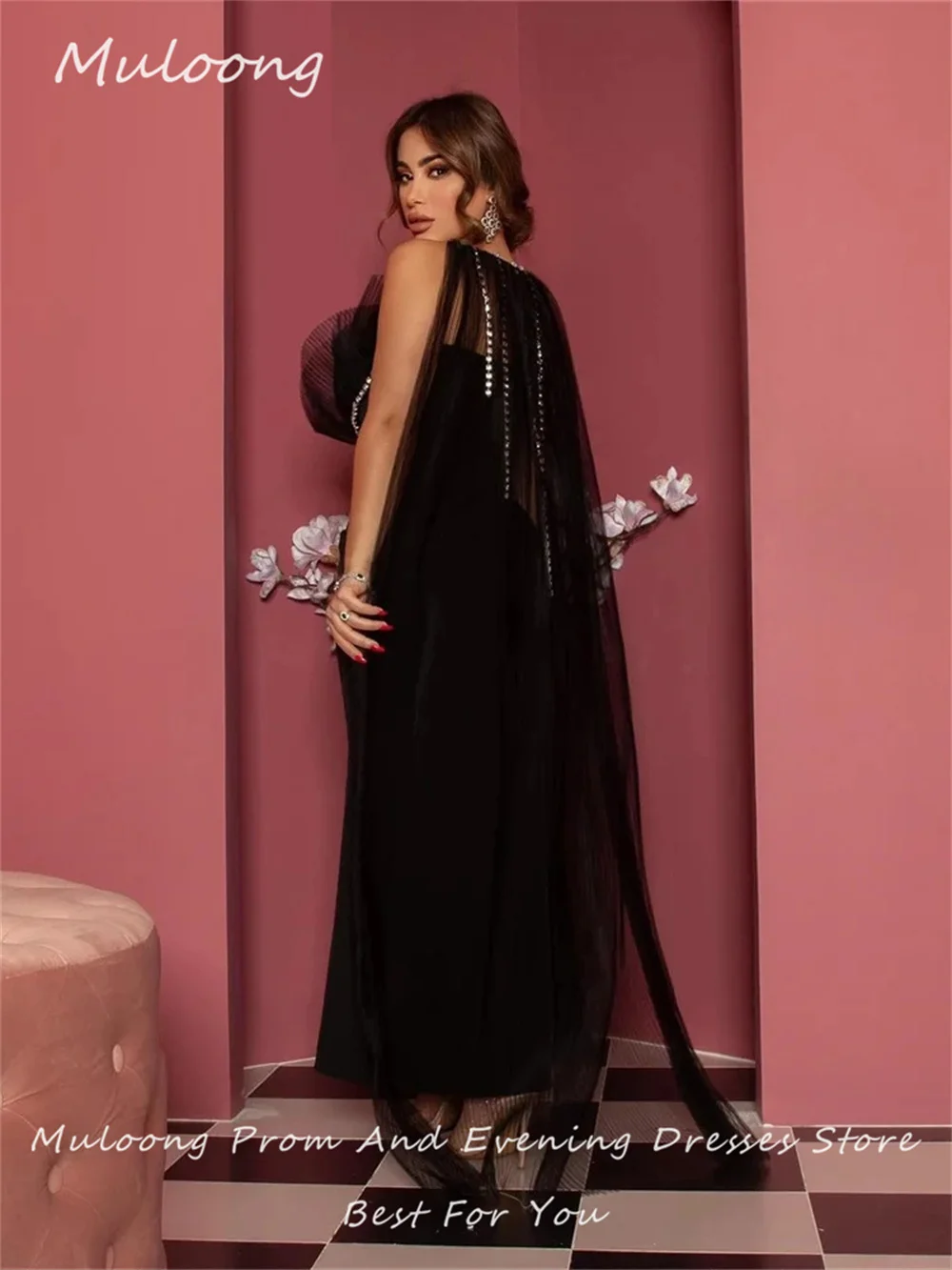 Muloong Black Rhinestone Spaghetti Straps Women Party Dresses Straight Ankle Length Prom Gown Tulle Train New 2023 فساتين السهرة