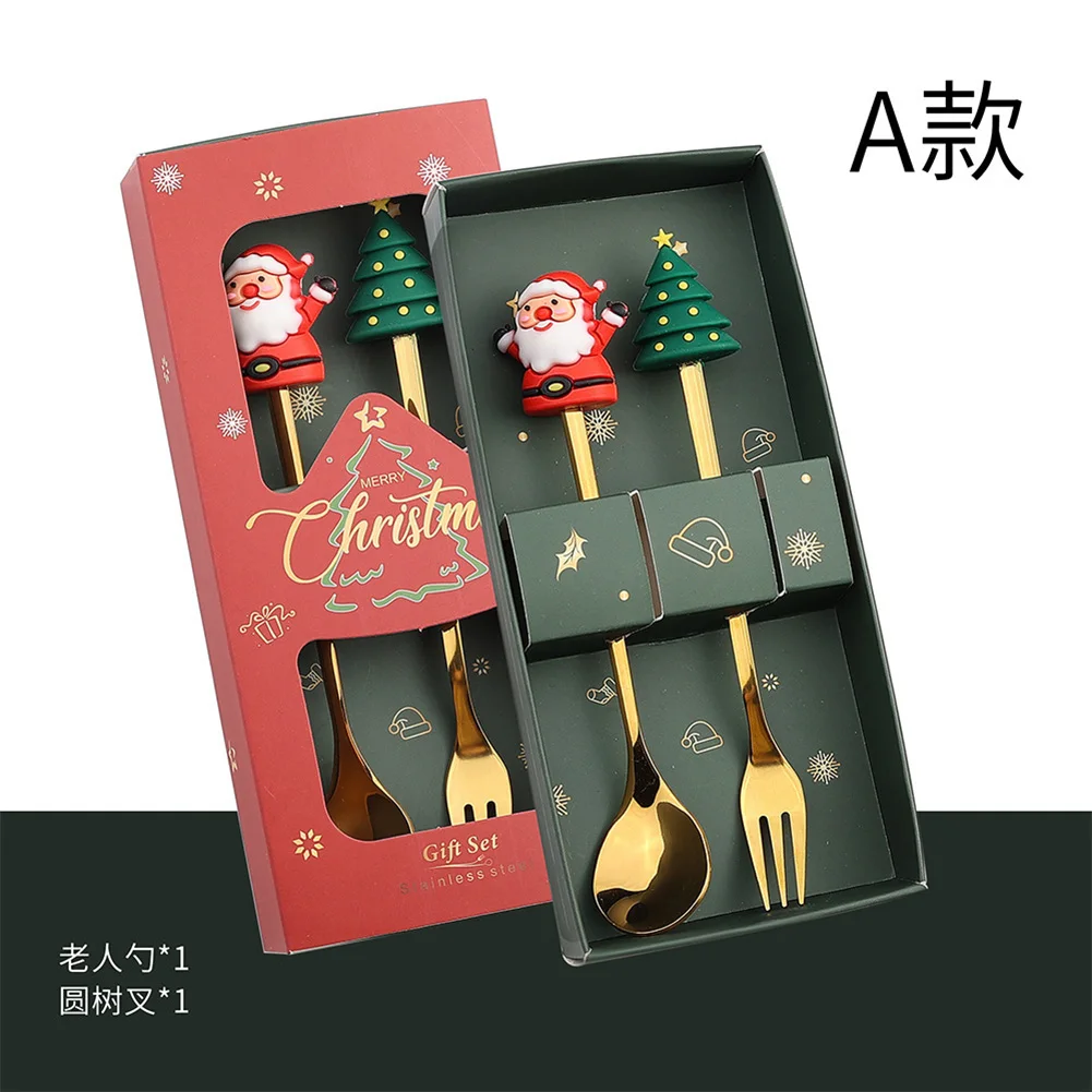 

2pcs/Set Christmas Glod Silver Spoon Fork Set Stainless Steel Christmas Tree Spoon Dessert Scoop Fruit Fork Coffee Spoon