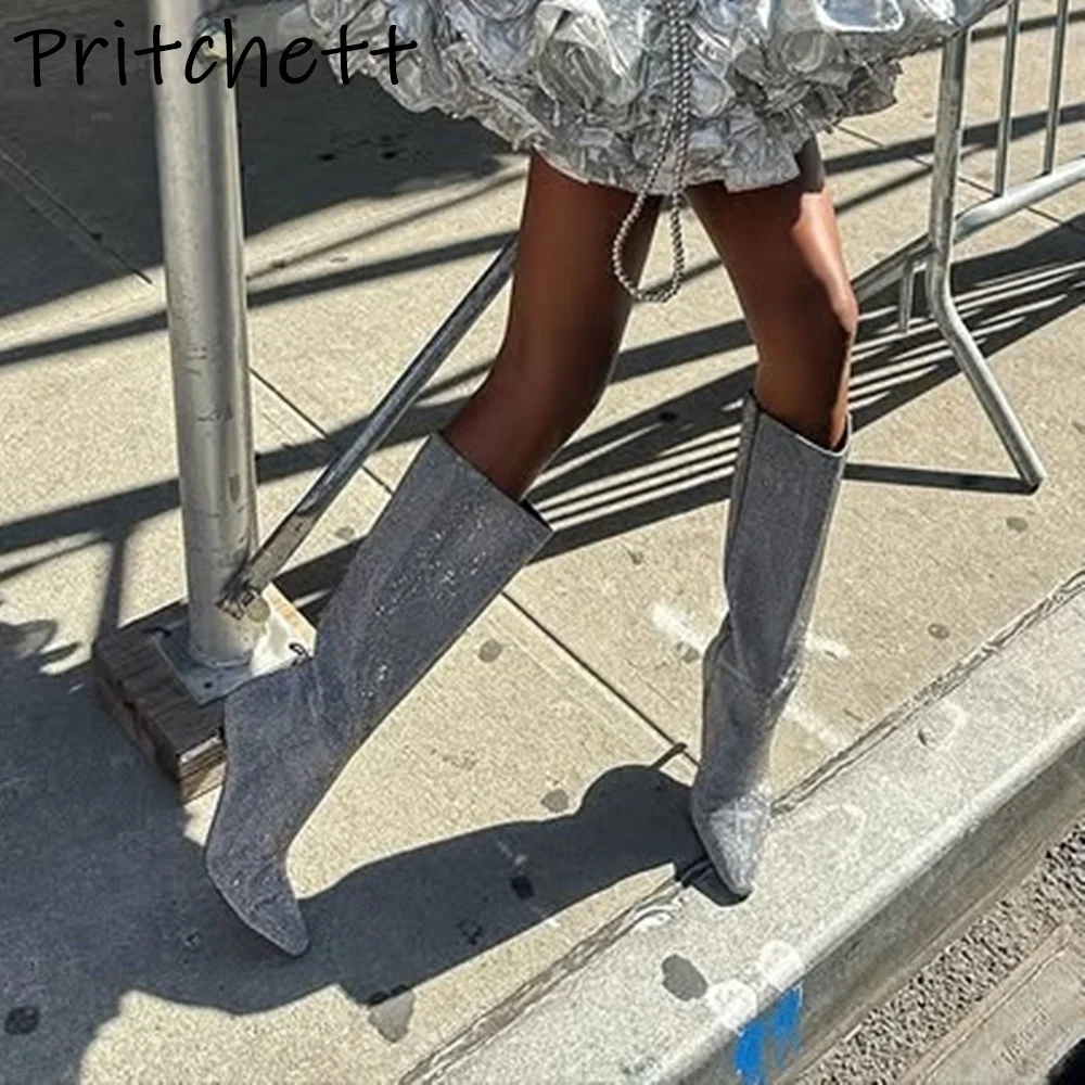 

Full Crystal Bling Knee High Boots Pointy Toe Thin Heels Side Zipper Winter Runway Long Boots Women's Elegant Silvery Sexy Shoes