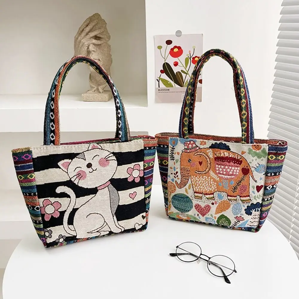 Embroidery Elephant Peacock Handbag Animal Ethnic Style Handbag Rabbit Canvas Tote Bag Storage Bag