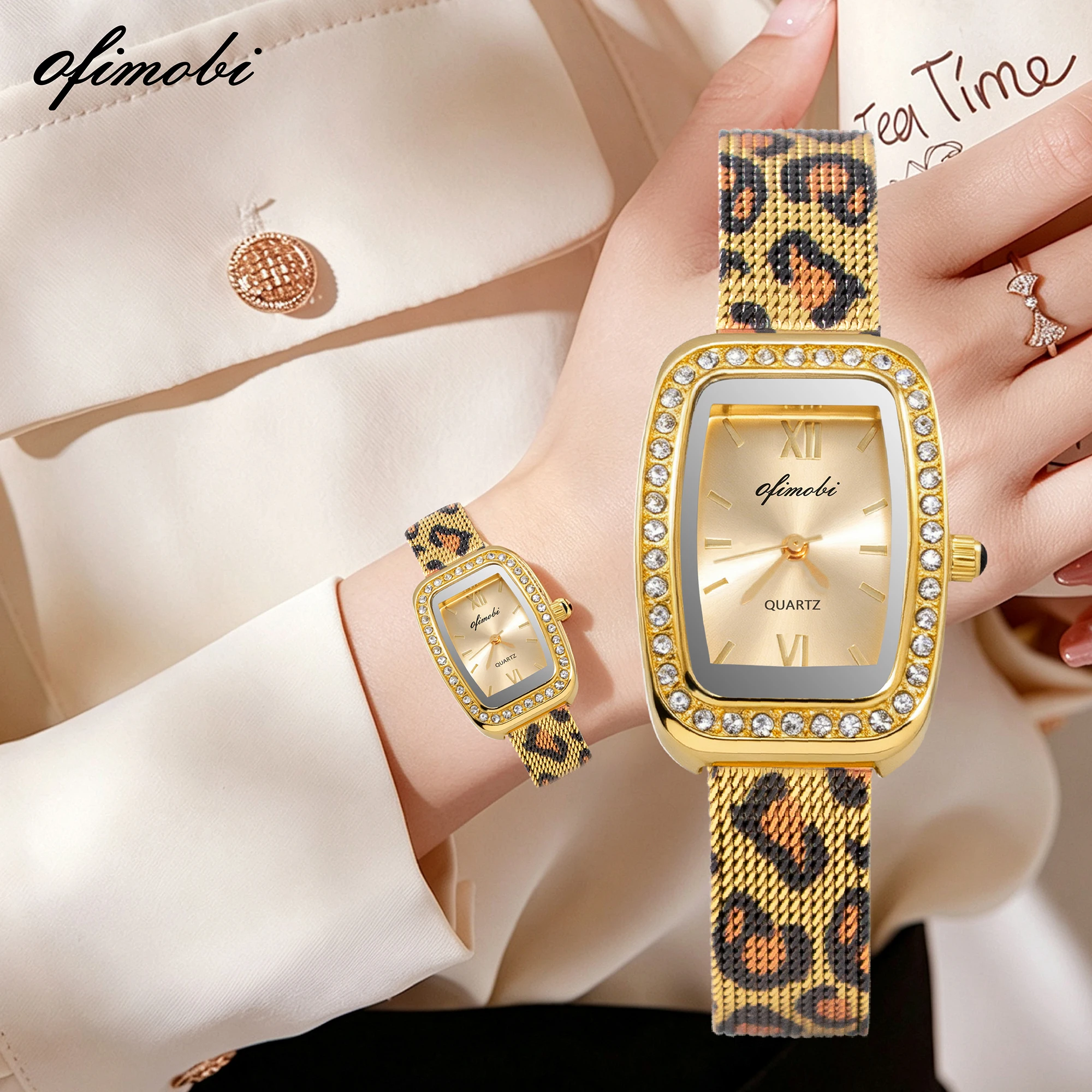 OFIMOBI Women Quartz Watch Rectangle Rhinestone Bezel Leopard-print Milanese strap Small Dial Fashion Bracelet Watch