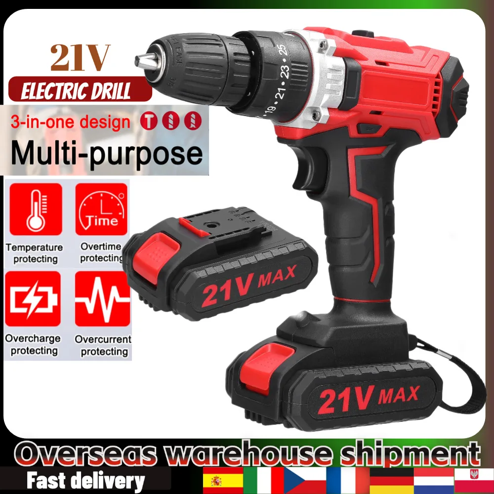 21V Electric Drill Brush Motor 2 Speeds Control Stepless Speed Regulation Rotation Ways Adjustment 25 Gears of Torques Drill