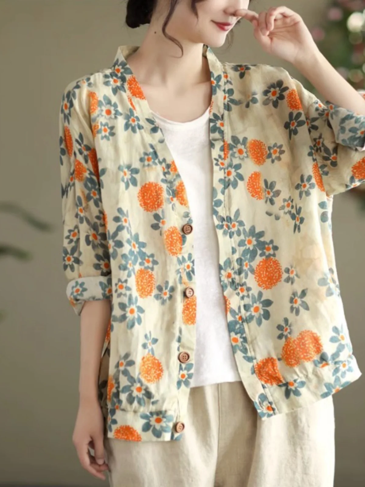 Faionable Large Size Women's Cotton Linen Print Long Sve irt V-Ne Casual Versatile Open Cardigan Outerwear for Autumn