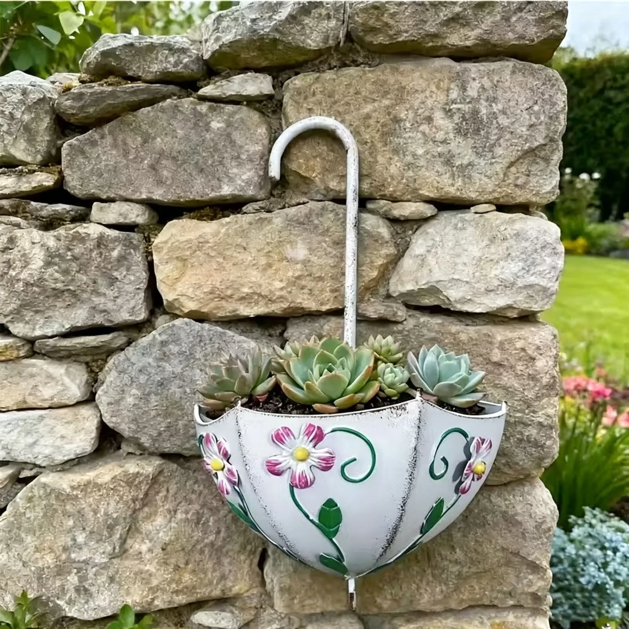 Creative Iron Umbrella Wall Hanging Planter Vintage Floral Wall Mount Flower Pot Succulent Planter Outdoor Garden Decor