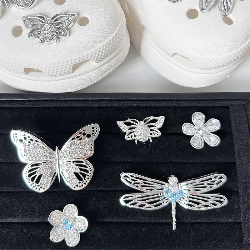 5 Pcs Silver 3D Butterfly Flower Hole Shoes Accessories Shoe Buckle Bright High-end Ins Removable Accessories Buckle Shoe Flower