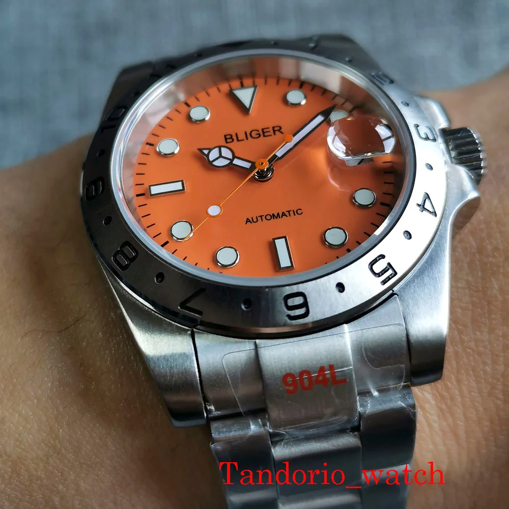 39mm Bliger Orange Dial NH35A Automatic Men Watch Sapphire Glass Orange Hand Fixed Bezel12-hours Bezel