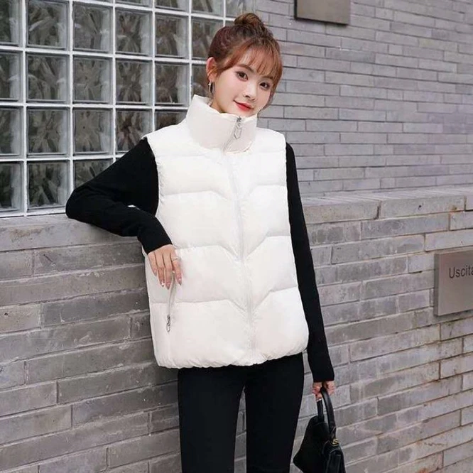 2024 New Autumn Winter Down Cotton Women\'s Vest Korean Loose Girl\'s Versatile Stand Collar Vest Coat Leisure Time Outdoors White