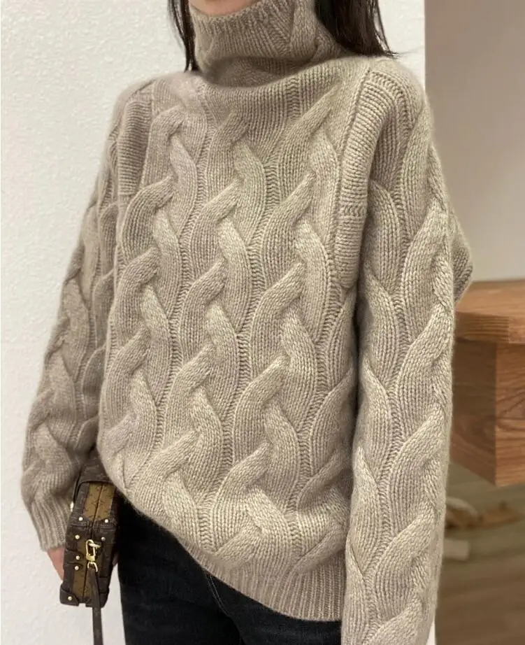 Elegant Cashmere Sueter  New 100% Cashmere Sweater Women\'s Cable-Knit Turtleneck Loose Thickened Jumper Cardigan Winter Tops