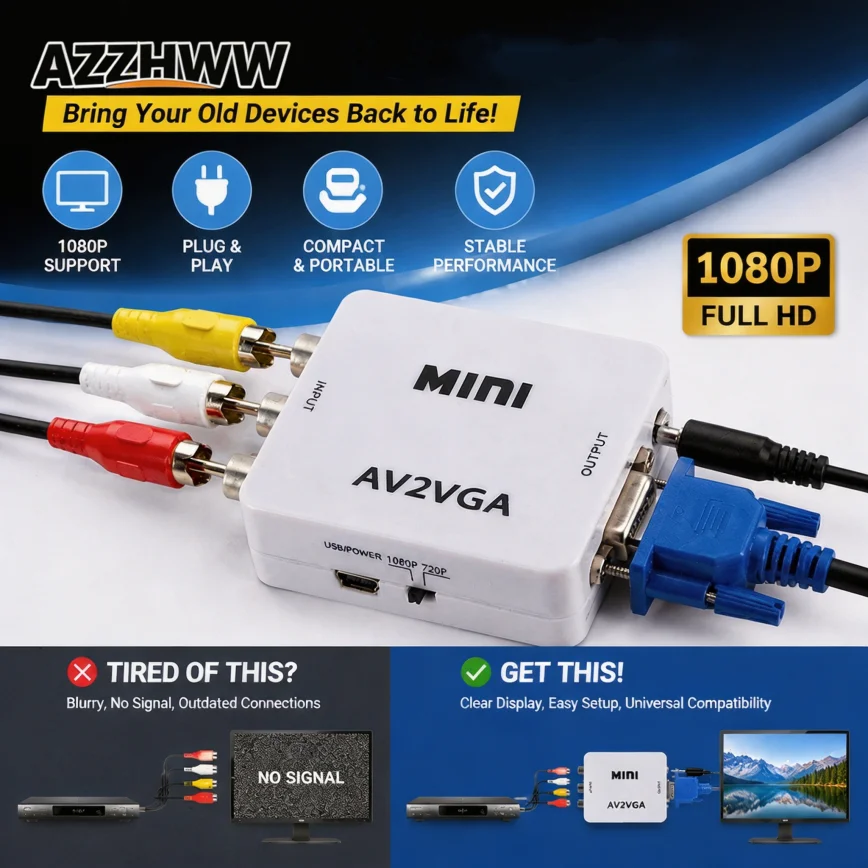 AV To VGA Converter 1080P RCA To VGA Audio Video Adapter With 3.5mm Audio Output for DVD/VCD TV SetTop Box Audio Video Converter