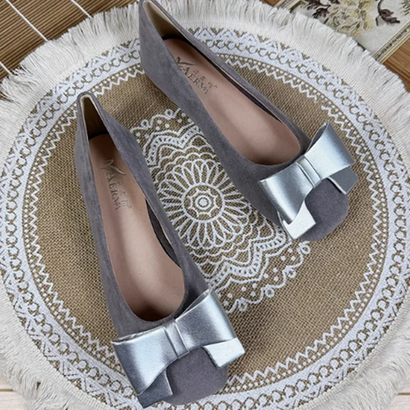 Women Wide Fitting Flats Hand Made Big Bow Slip-On Square Toe Flock Dough Shoes In Brown Grey White Plus Size Mocasines 33 39 48