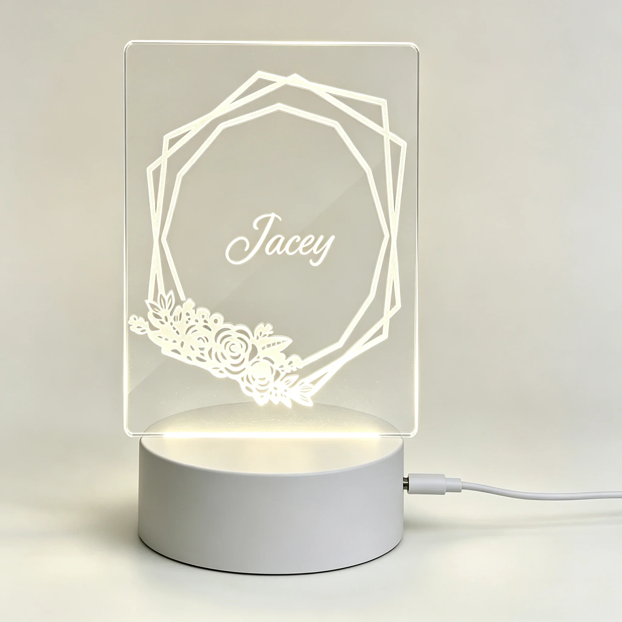 Personalized Cursive Name Octagonal Border Flower Bouquet Engraved Acrylic Lamp Bedroom Decor Nightlight