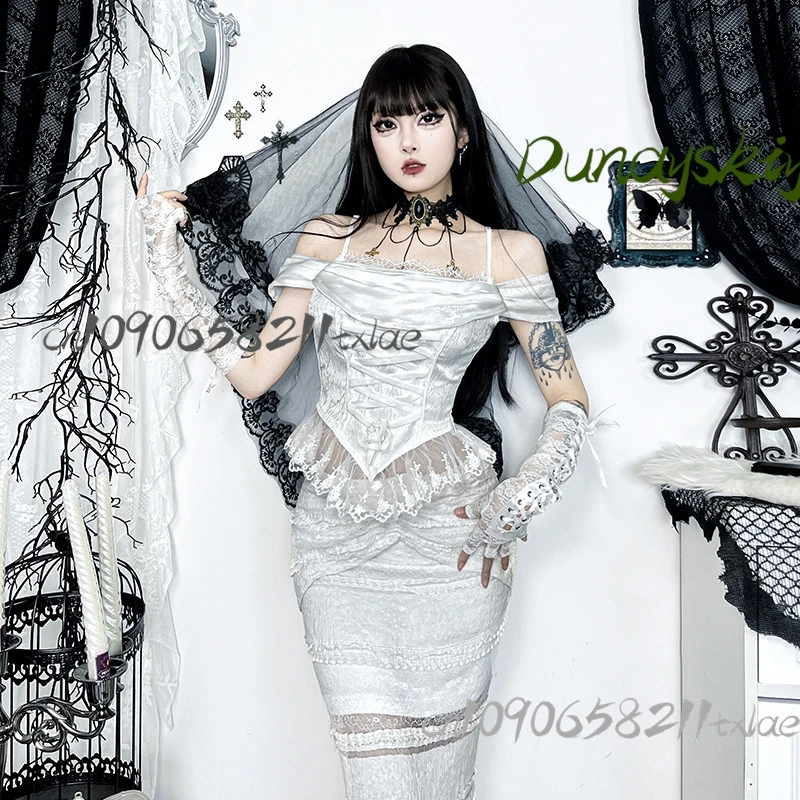 Set di abiti a sirena in pizzo natalizio Y2K con spalle scoperte e cinturino a catena e gonna a coda di pesce Festa gotica Halloween Abbigliamento elegante quotidiano