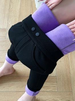 Damen-Winterhose, verdicktes Fleece, schmal, dehnbar, hohe Taille, warme Thermo-Leggings, Taschen-Jogginghose, Damen-Samt-Bleistifthose