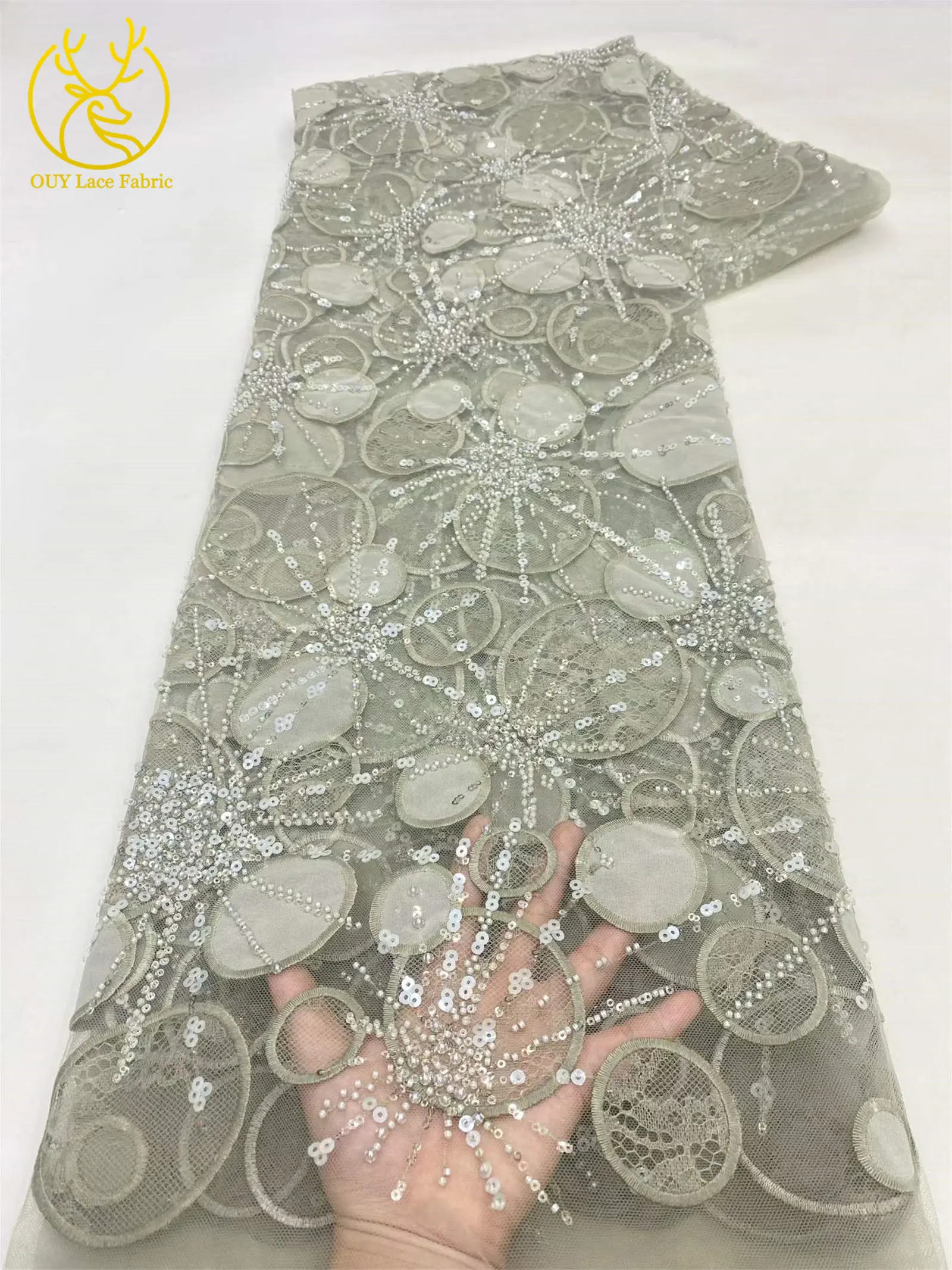 Luxuriöser afrikanischer Spitzenstoff mit Pailletten-Stickerei, gelb, 5 Yards, französischer nigerianischer Tüll-Spitzenstoff für Damen-Partykleider zum Nähen – Detail 17