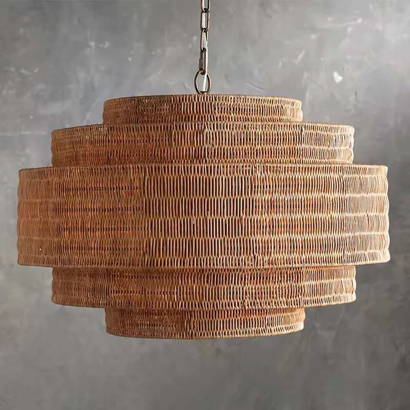 Nordic Design Modern Handcrafted Rattan Brass Round Chandeliers for Villa Garden Home Pendant Lights