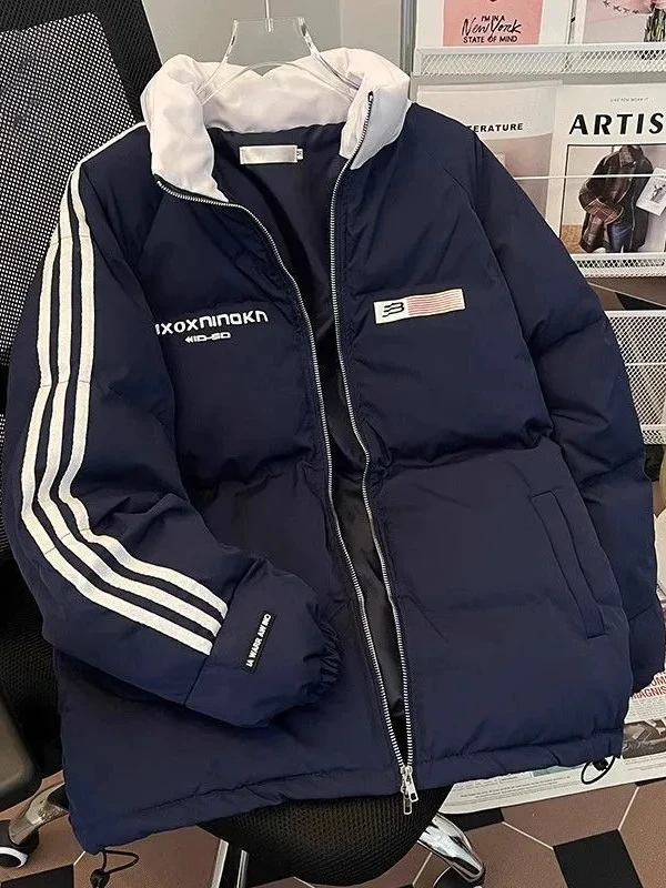 

Thiened Cotton Jaet Striped Flag Men's Winter Coat Bread Sle Couple's Faion Outerwear Long Sve Regular Length