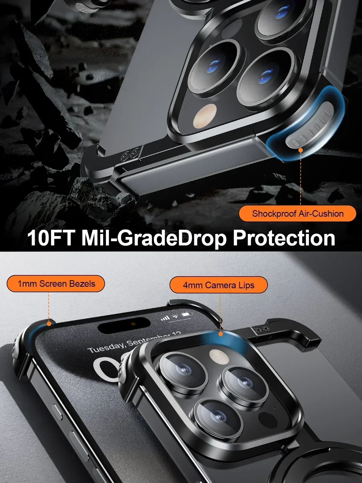 Eary Magsafe Phone Case for iPhone 16/15/14/13 Pro Max Bazel-Less Phone Cover w/ Ring Drop Protection Mobile Phone Accessories