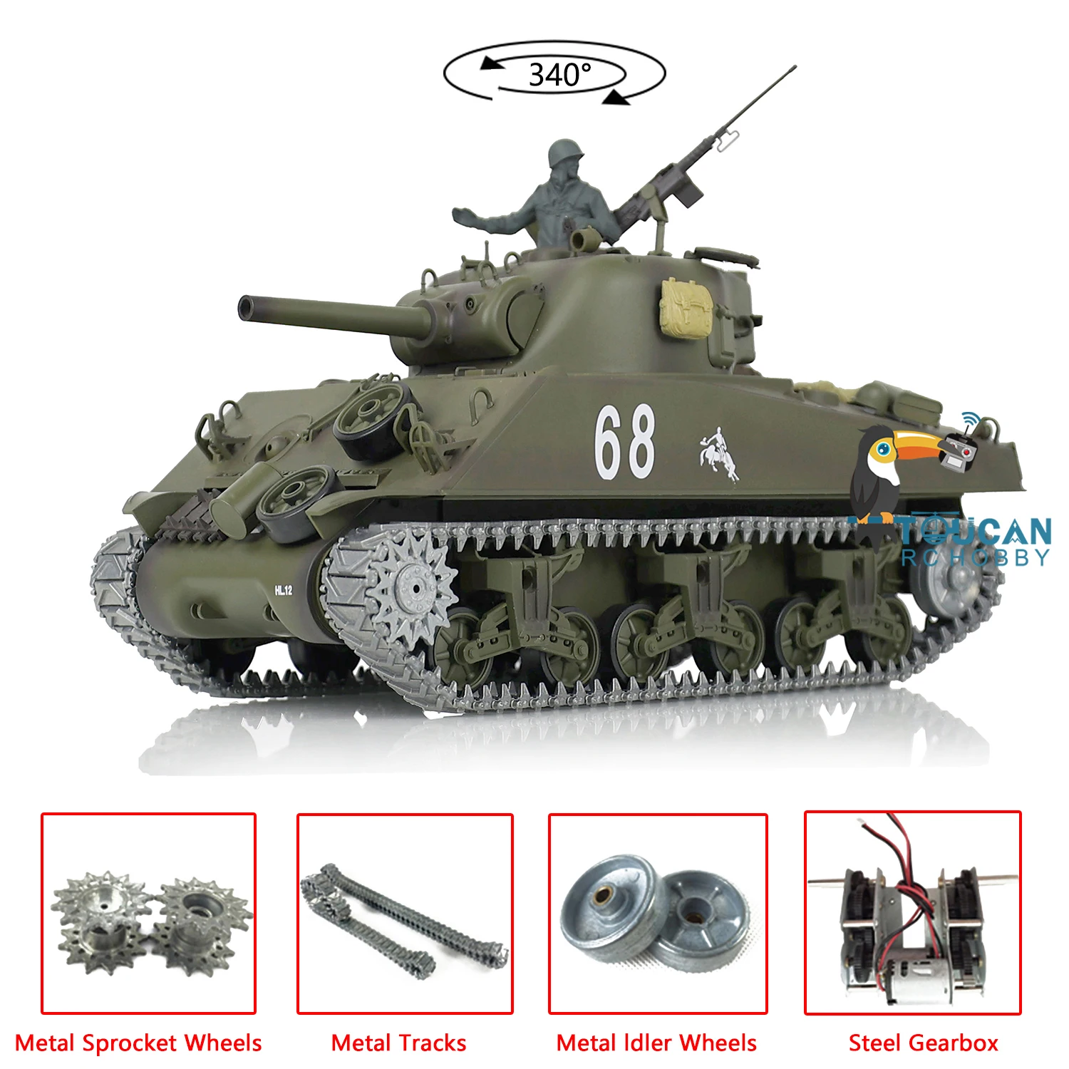 Henglong 1:16 RC Tank 3898 7.0 M4A3 Sherman Metal Tracks 2.4G RTR Simulation Battle Toy for Adults Collectible