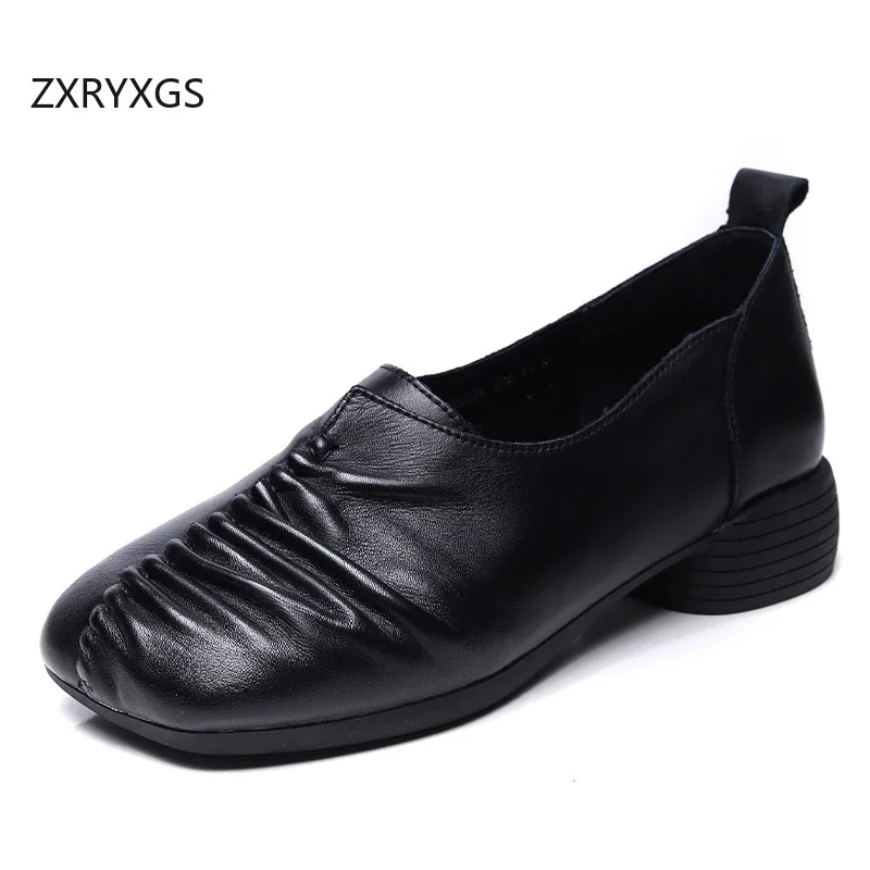 

ZXRYXGS 2025 New Premium Cowhide Pleated Soft Full Real Leather Shoes Women's Mid Heel Shoe Comfortable Soft Sole Banquet Shoes