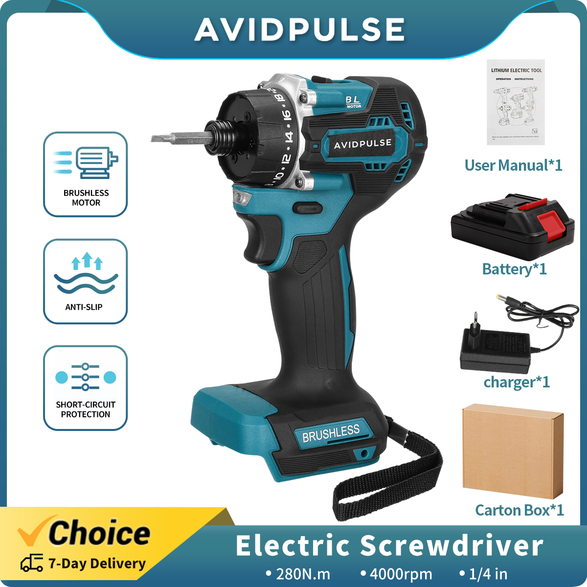  AvidPulse 20+1 Torque 1/4inch Brushless Electric Screwdriver Cordless 280N.m Electric Drill Power Tool For Makita 18v Battery 