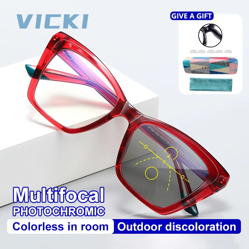 

VICKI Simple Women's Multi-focus Prescription Glasses Anti-blue Light Photochromic Myopic Hyperopic Reading Glasses PFD2150