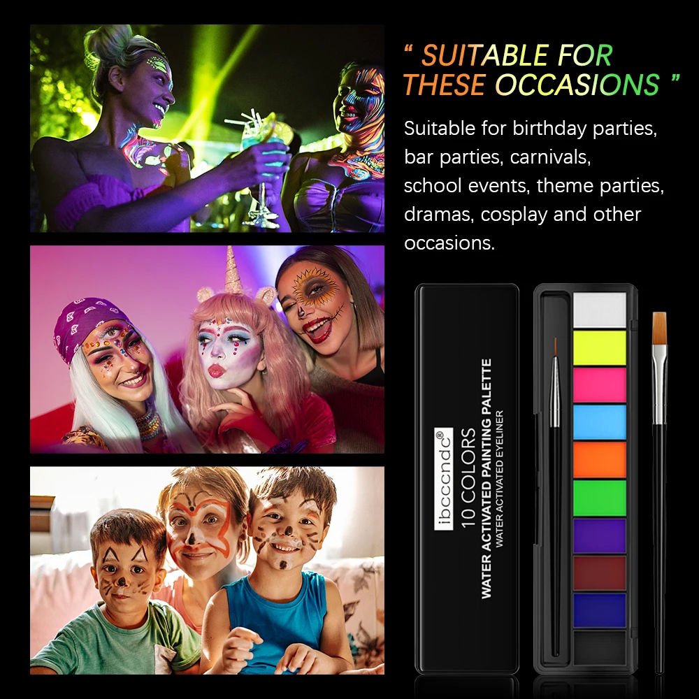 10colors Water Activated Eyeliner UV Light Neon Pastels Water-Soluble UV Eye Liner Pigment Palette Body Paint Camouflage Party