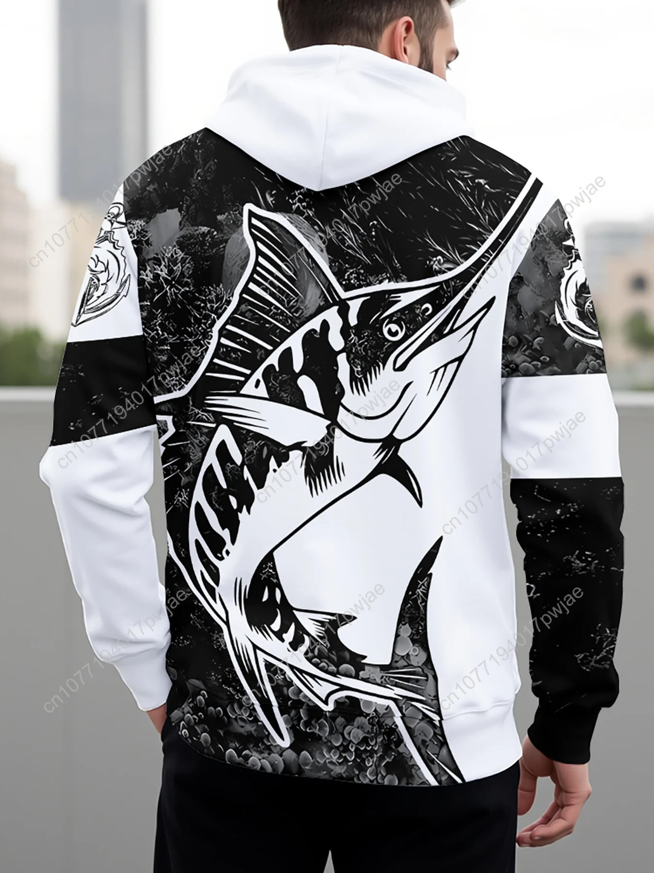 Men's Full-Body 3D Fish Print Hooded Sweatshirt - All-Over Fishing Theme with Pike & Trout Patterns, Long Sleeve Casual Jacket f