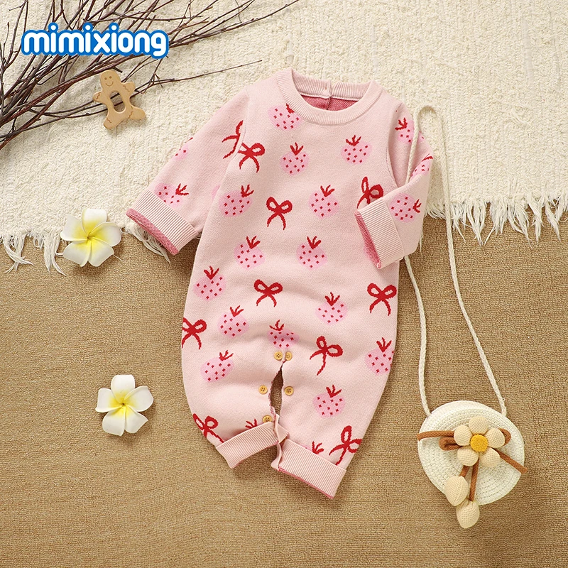 

Cute Strawberry Knitted Baby Girls Rompers 0-18m Autumn Winter Infant Long Sleeve Jumpsuits Clothes One Pieces Children Overalls