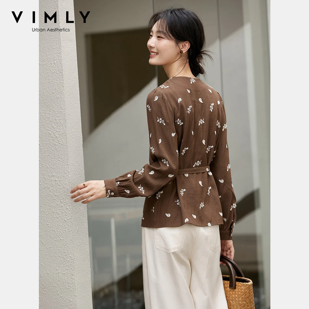 VIMLY Women's Brown Floral Embroidery Shirts Fall 2025 French Round Neck Elegant Chic Woman Top Puff Sleeve Lace-up Blouse A3075