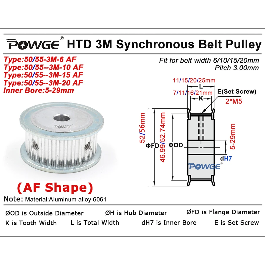 POWGE 50 55 teeth HTD 3M Timing Pulley Bore 6/6.35/8/10/12/14/15/16/17/18/19/20/22/25/29 for HTD3M belt width 10/15/20mm 50T 55T