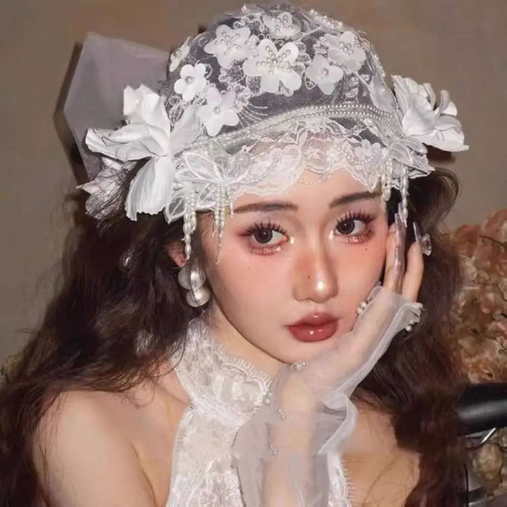 Retro Lace Floral Bridal Hat White Pearls Beads Bride Headdress Luxury Tulle Wedding Headwear Party