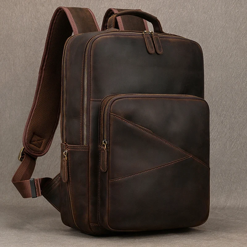 Vintage Crazy Horse Leather Backpack For Men Travelling Genuine Leather Bagpacks Cowhide School Backpack Bag Laptop Bag for Man