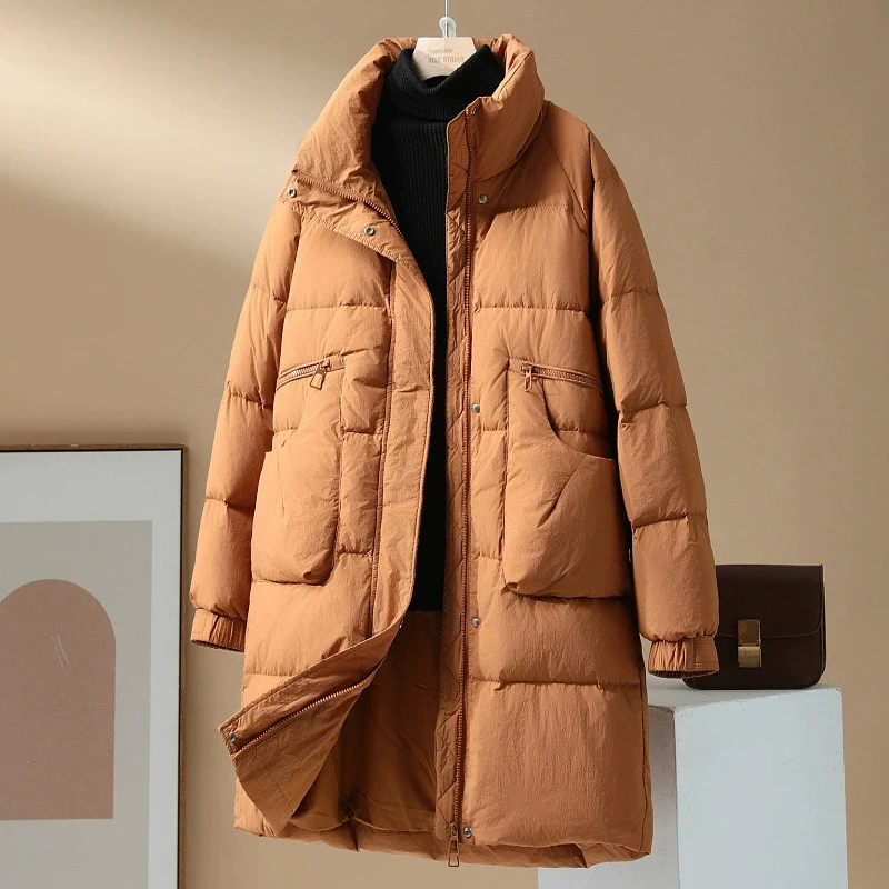 Schinteon feminino pato branco para baixo jaqueta longa gola outono inverno quente grosso outwear estilo coreano casaco 2025 nova moda