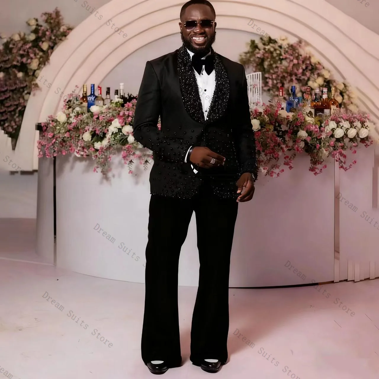 

Black Beaded Crystals Men Suit Set 2 Piece Blazer+Pant Trousers Customized Formal Office Jacket Wedding Tuxedos Cotton Coat