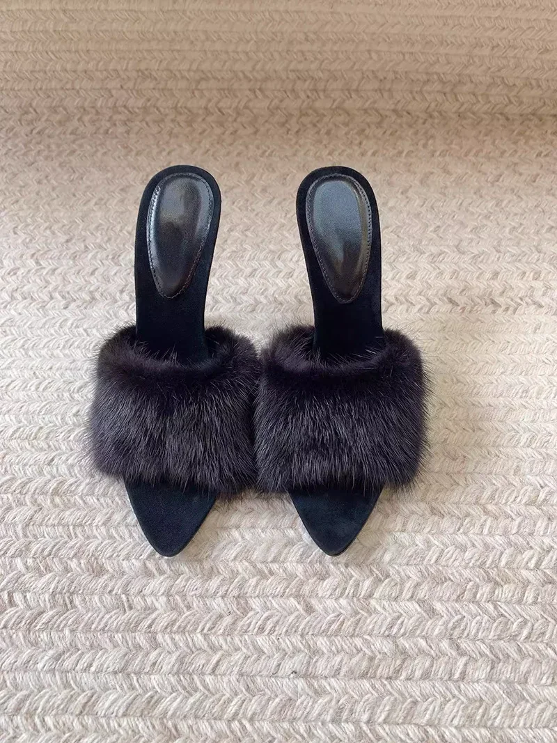 Genuine leather fur, mink fur, high set thin heels, exposed toe sandals women\'s sexy one and a half drag fur, high heels sandals