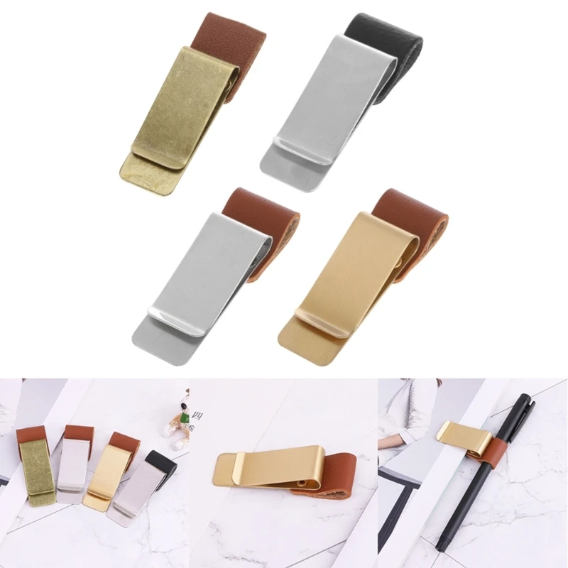 

Handmade Leather Stainless Steel Pen Holder Clip Journal Notebook Paper Folder Dropship