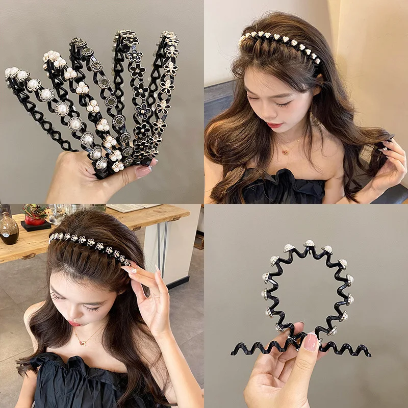 Fashion Pearl Rhinestone Wave Hairband Elastic Flower Non-Slip Hair Hoop For Women Washing Face Hair Accessories Headwear Gifts