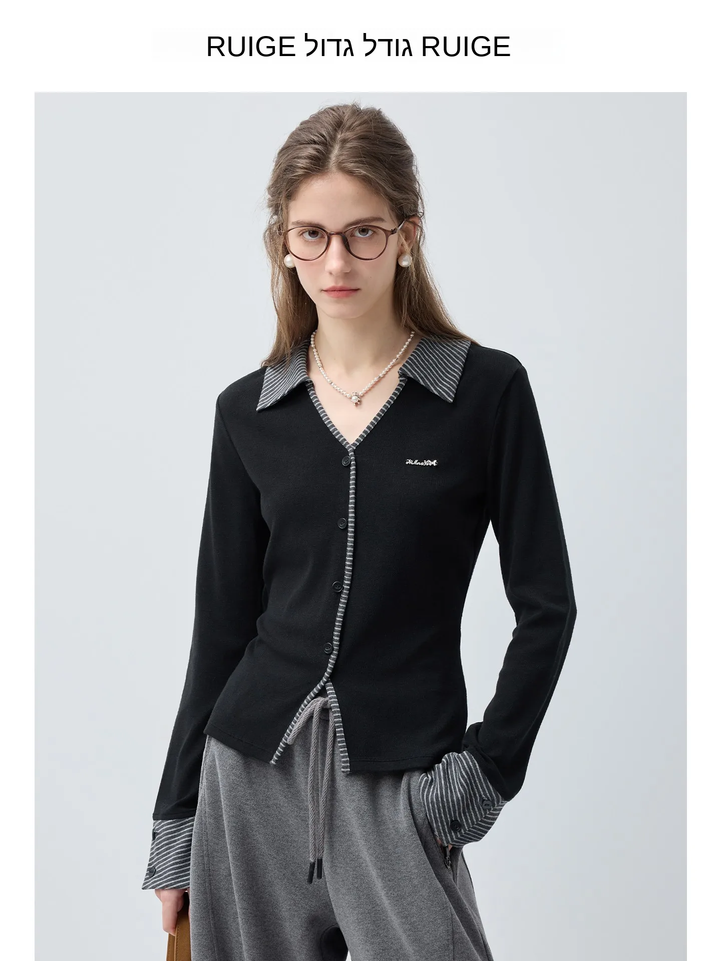 

plus Size Women's Slim Fit Stripe T-irt Long Sve Turn-down Collar Spring Faionable Casual Top for plus Size MM