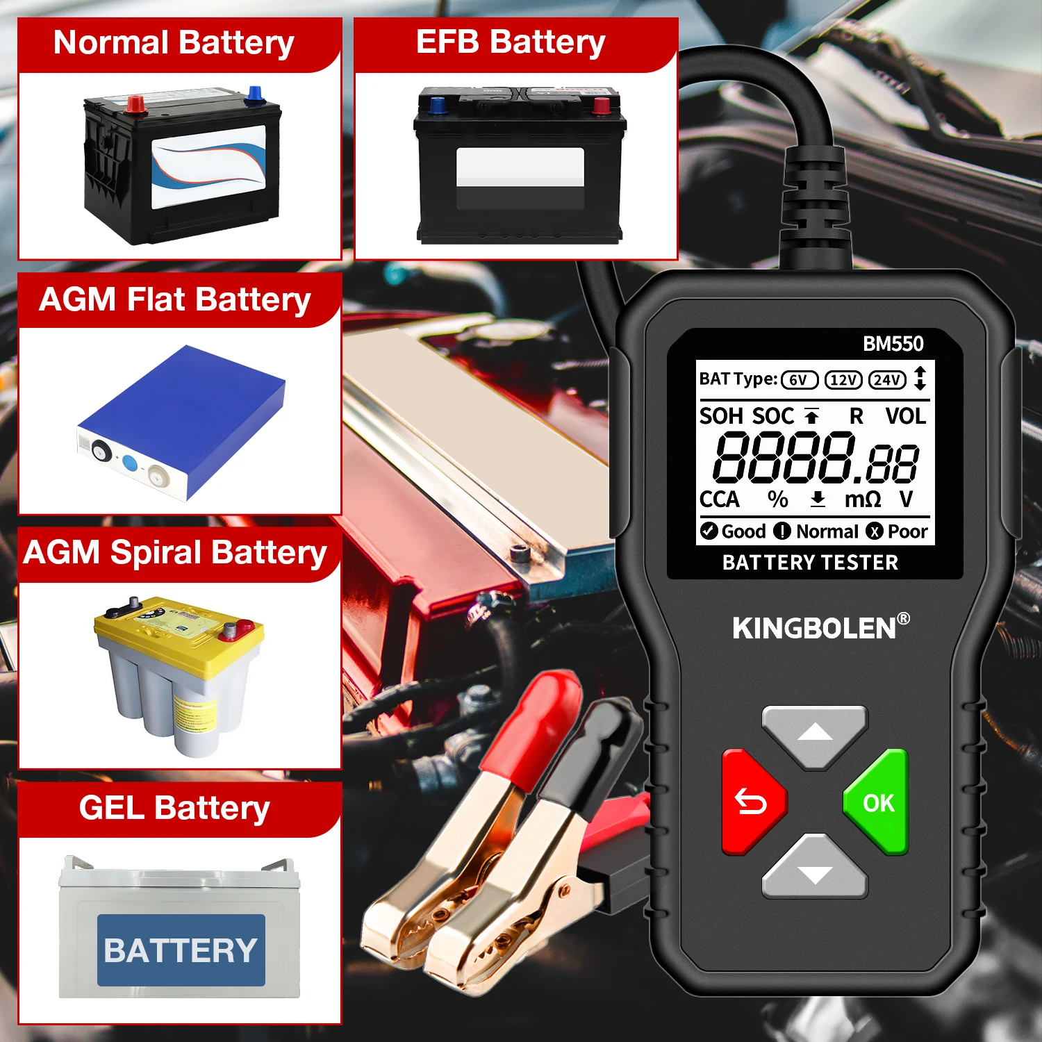 KINGBOLEN BM550 Car Battery Tester OBD2 6V 12V 24V 100-2000 CCA 2Ah-220Ah Battery System Detect Auto Battery Diagnostic Tool