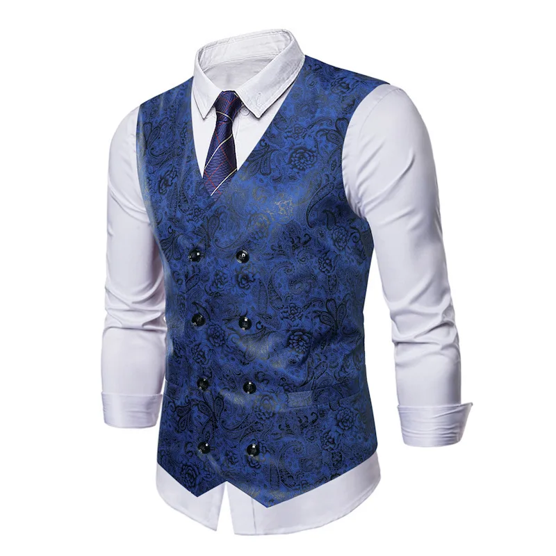 #4838 Blue Green Red Vintage Blazer Vest Men Slim Double Breasted Retro Sleeveless Vest Waistcoat Business Men\'s Vest Spring