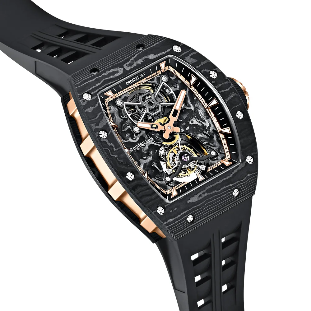 CRONUSART Men Tourbillon Watch Luxury 50mm Tonneau Carbon Fiber Case & Dial Mechanical Wristwatch Fluororubber Strap Luminous