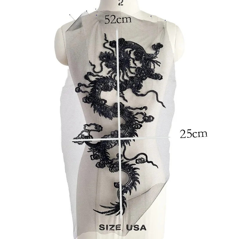 

1 шт., черные бисерные пайетки, вышивка «Счастливый дракон», кружевной аппликации, для свадебного платья, одежды, декоративные аксессуары ручной работы