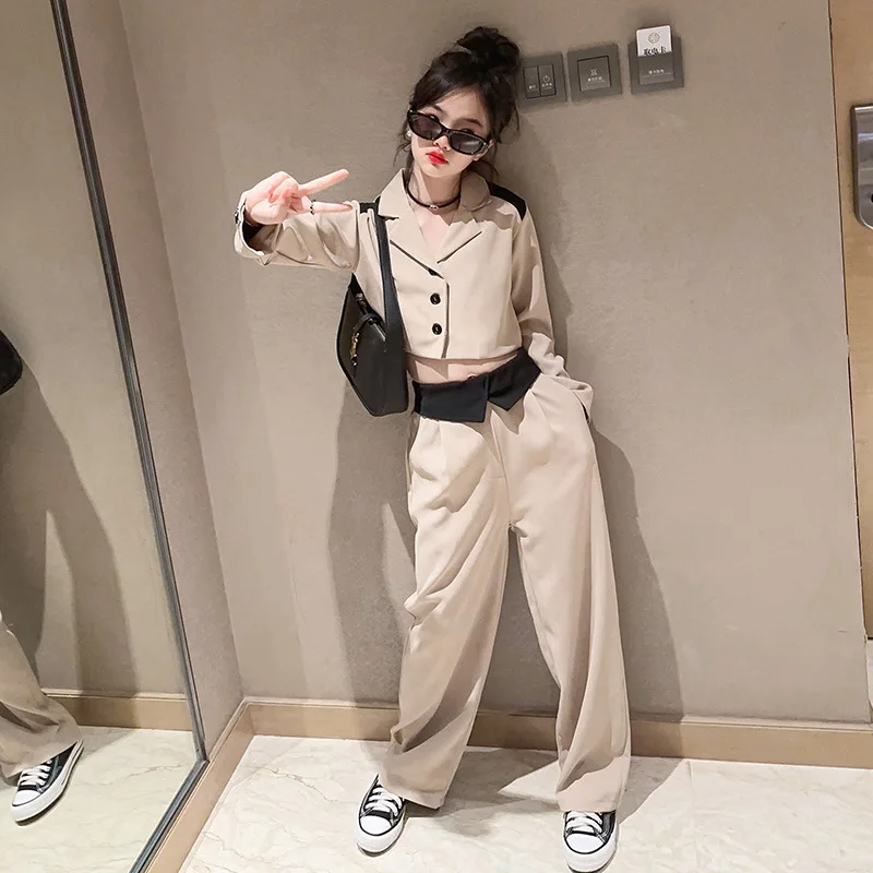 Teen Girls Black Khaki Color Blazer Suits for Fashion Kids England Style Jacket + Pants 2Pcs Sets Autumn Formal Casual Outfits