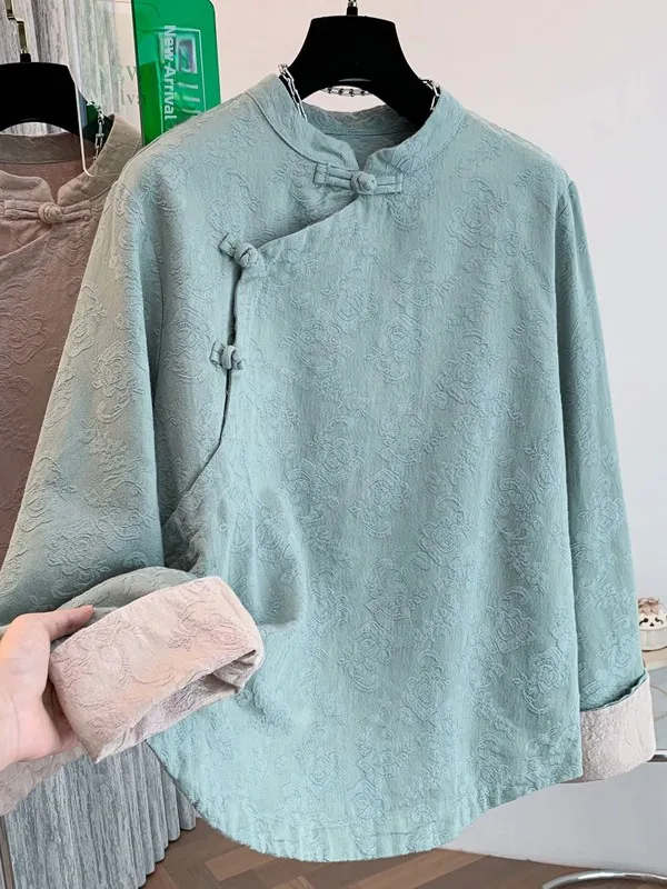 

Retro Chinese Zen Sle Embroidered irt Women's Spring Autumn Stand Collar Side Buttoned Tea Costume Top Breathable Long Sl...