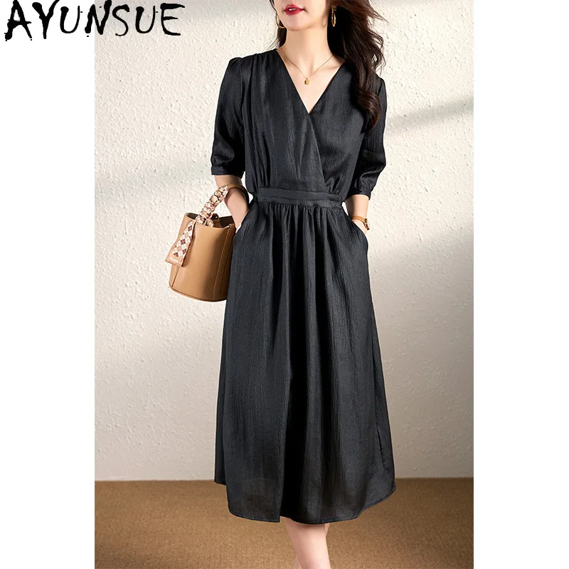 AYUNSUE Heavyweight Mulberry Silk Dresses Woman Elegant Mid-length Black Dress French Summer Dresses 2026 Women Clothes Vestidos