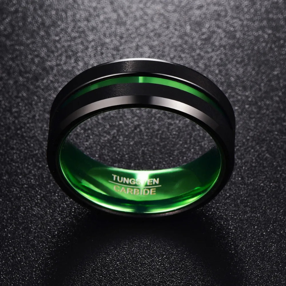 NUNCAD Men\'s Black Matte Finish Tungsten Carbide Ring Green Center Groove Polished Beveled Edges Comfort Fit Size 6-16