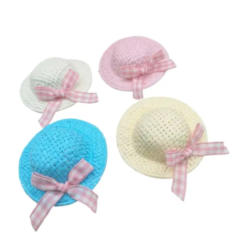 4 Stück Mini-Haarspangen und Haargummis in Strohhut-Form, weiche Pastellfarben, Karomuster-Schleifen für Mädchen, ideal als Sommer-Haarschmuck für den täglichen Gebrauch. – Detail 6