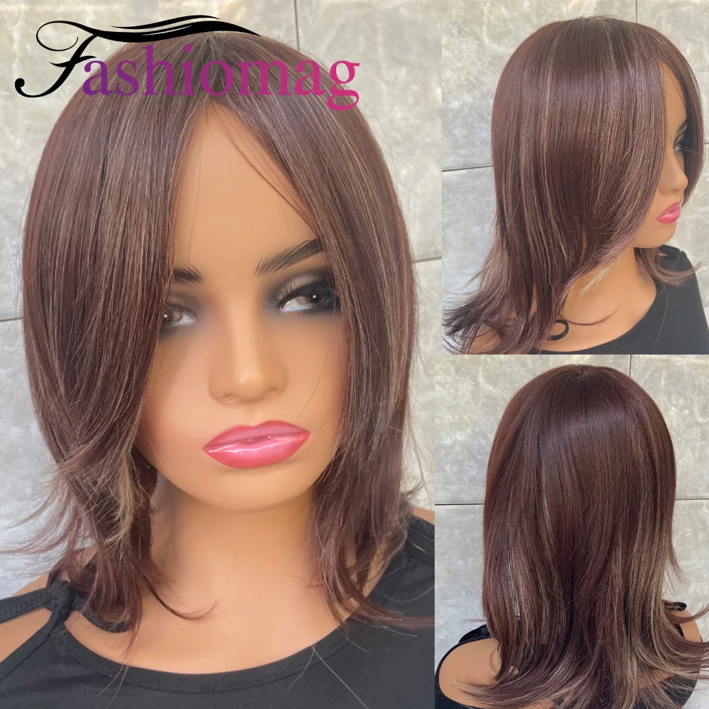 Medium Straight Bob Hairstyle Highlight Auburn Mix Human Hair Blend Heat Ok Synthetic Hair Wigs Super Soft Women Daily Use