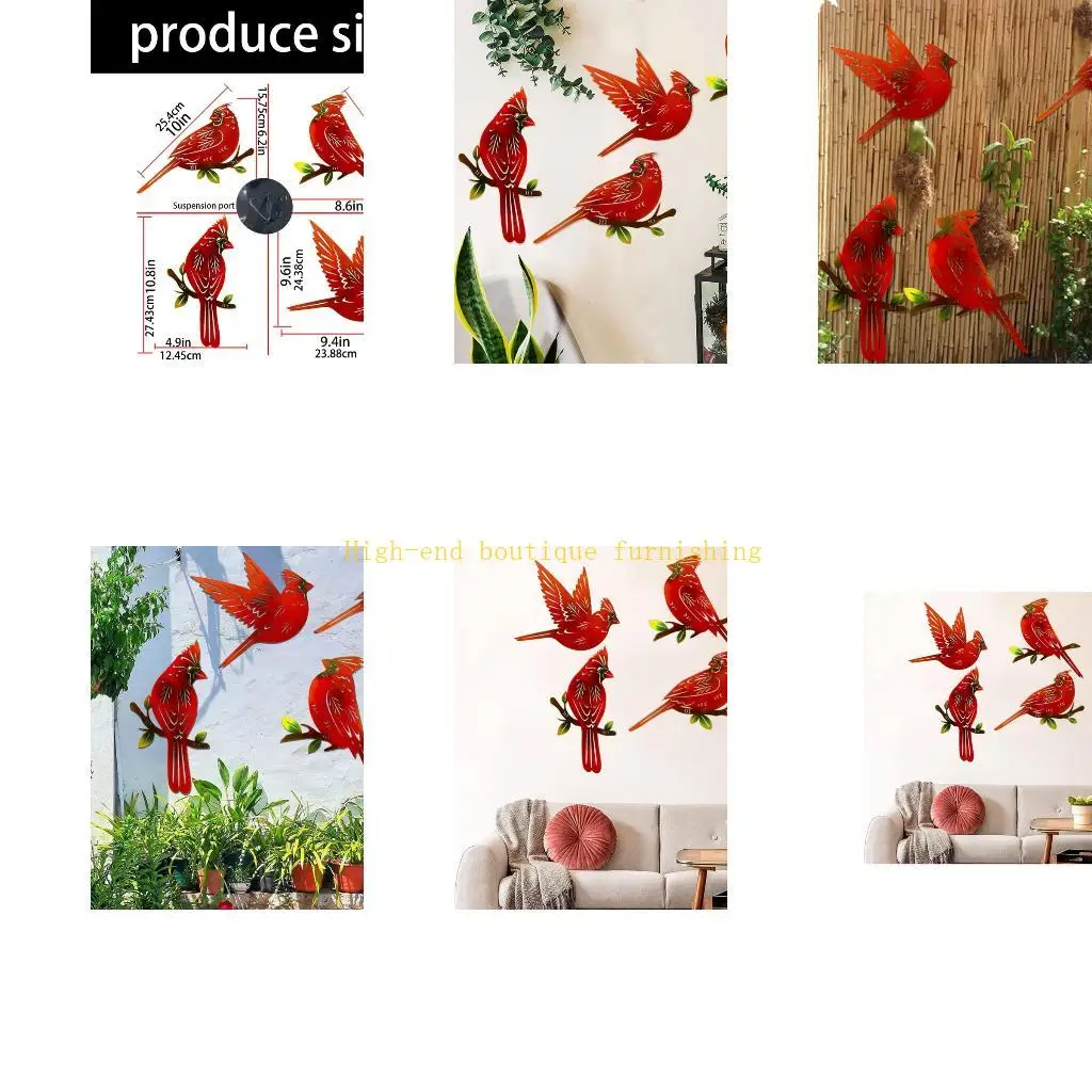L9NB Red Metal Bird Wall Art Set for Indoor Walls, Fence Panels and Yard Use