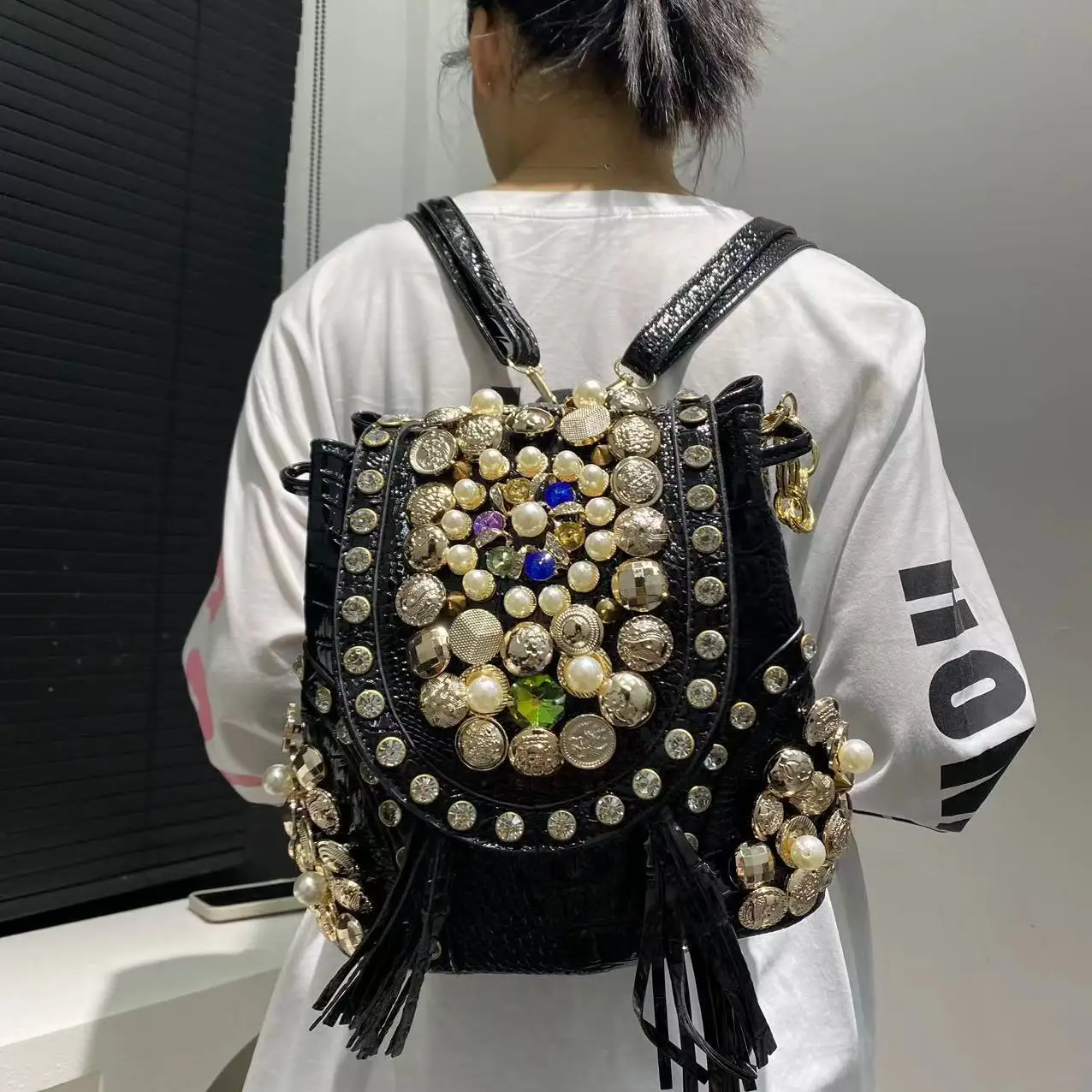 Women's Handbag Fashion Small Backpack Elegant Diamond-Studded Shoulder Bag Multifunctional Beaded Trendy Crossbody Bucket Bag